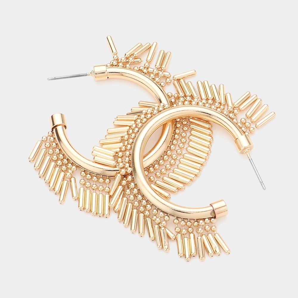 Gold Metal Fringe Hoop Statement Earrings